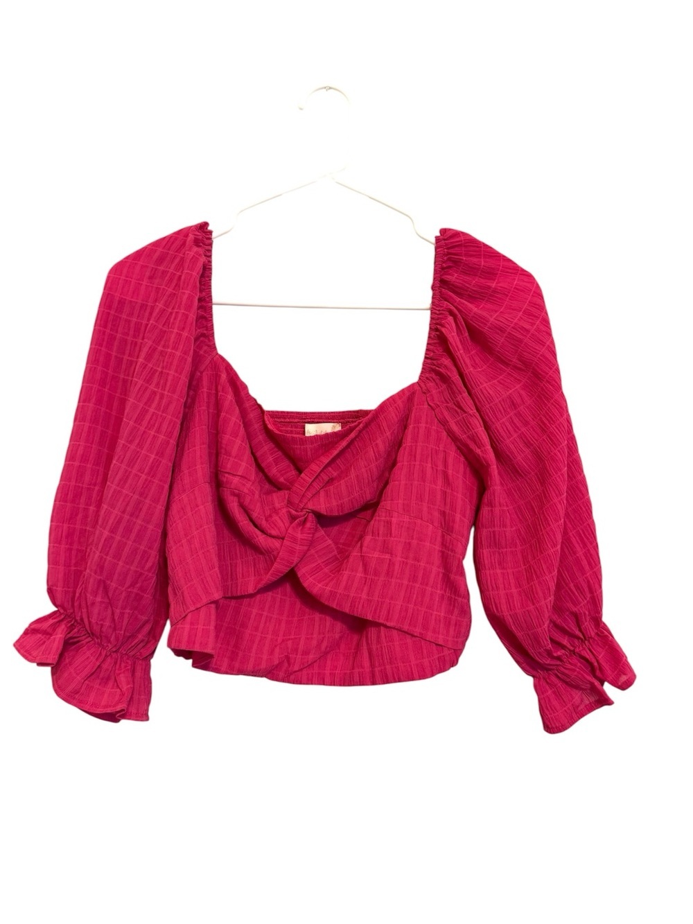 Alter’d State Bright Pink Front Knot Crop Top Size Medium Puff Sleeve